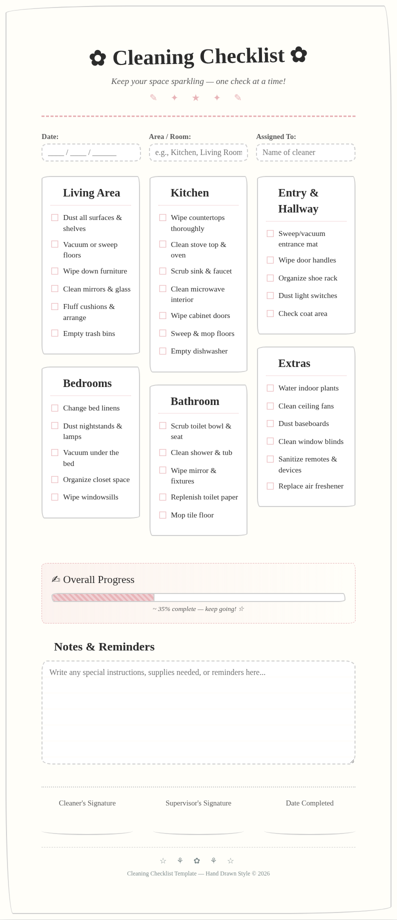 Hand drawn sketch cleaning checklist